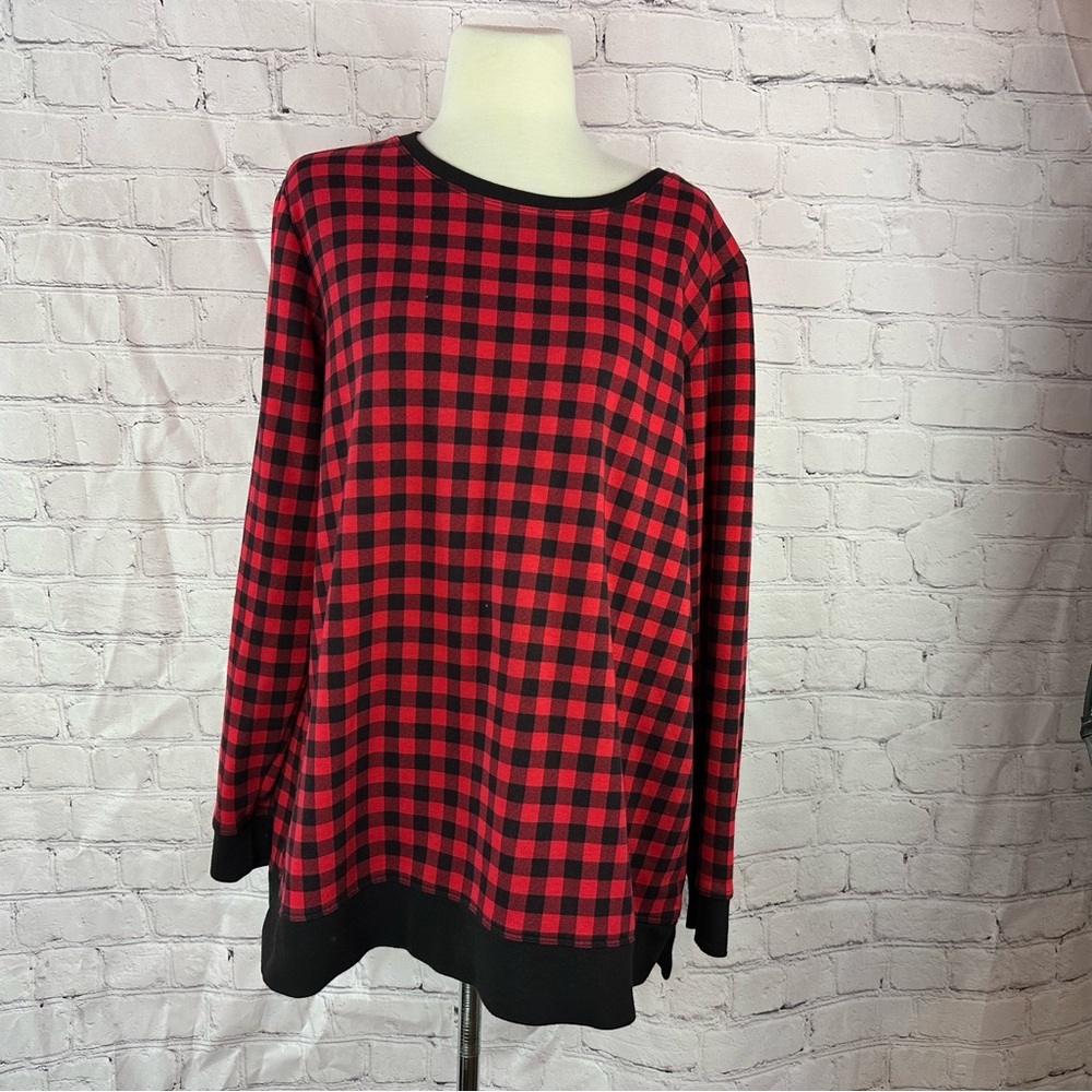 Lands' End serious sweats Crewneck Sweatshirt tunic women L buffalo plaid check